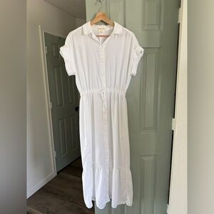 Cloth & Stone Midi Shirt Dress Medium white button front tie waist short sleeve